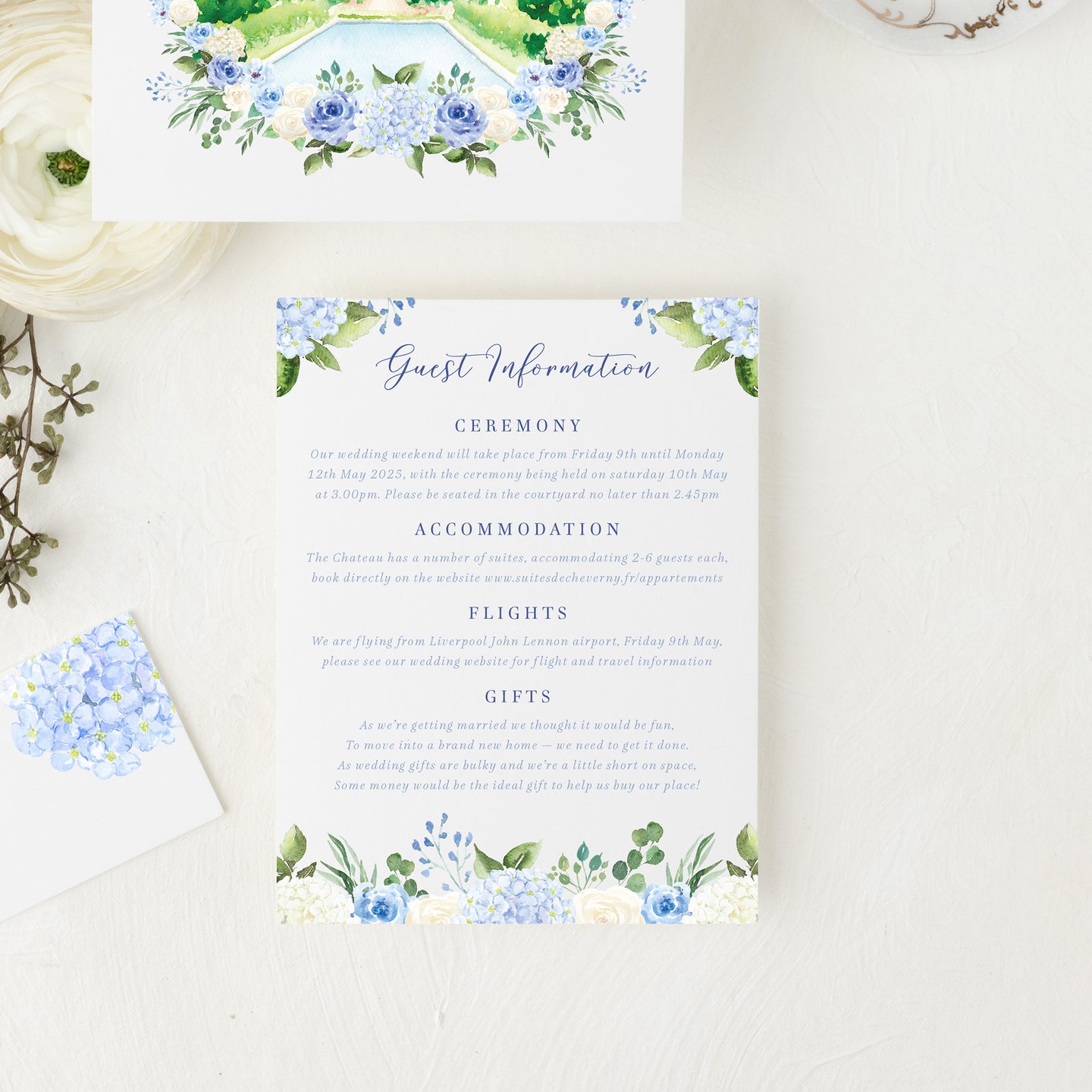 dusty blue hydrangea wedding stationery set with custom venue illustration